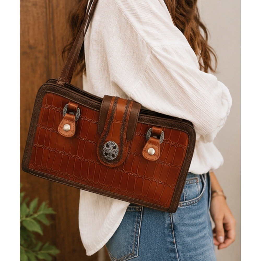 New Leather Croc Embossed Western Boho Shoulder Bag 12x8" Braided Trim